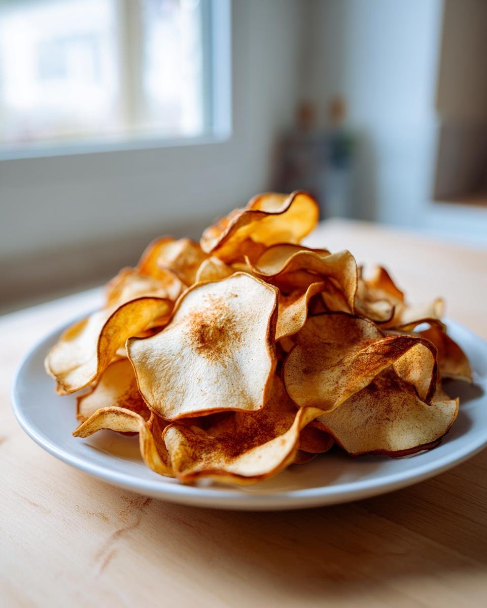 A close-up of a white plate piled high with crispy, slightly browned homemade Apple Chips, lightly dusted with spice.