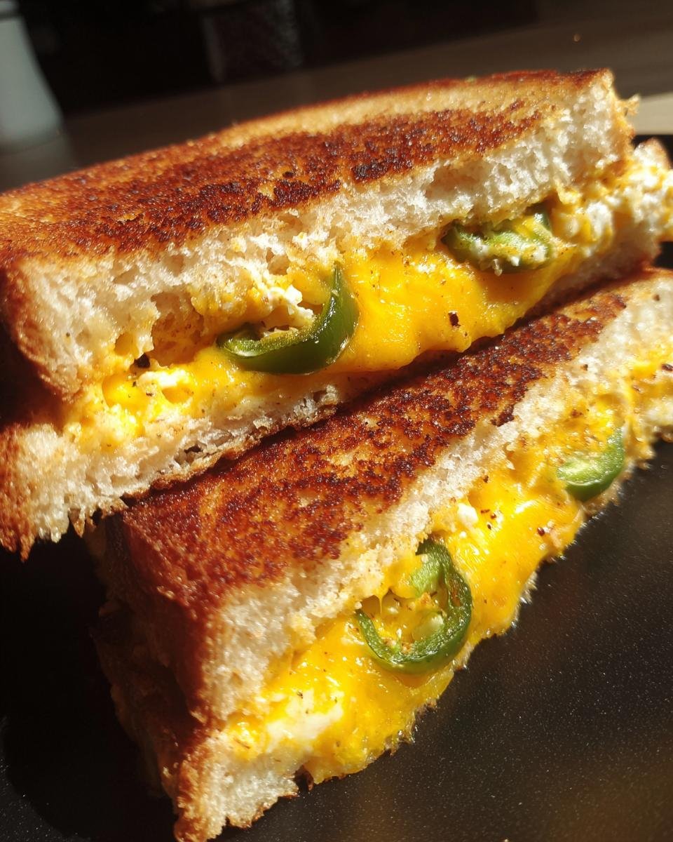 Close-up of a Jalapeno Popper Grilled Cheese sandwich cut in half, showing melted orange cheese and green jalapeno slices.