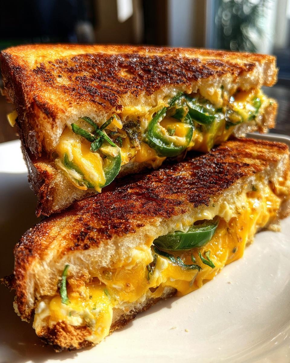 Close-up of a Jalapeno Popper Grilled Cheese sandwich cut in half, showing melted orange cheese and sliced jalapenos.