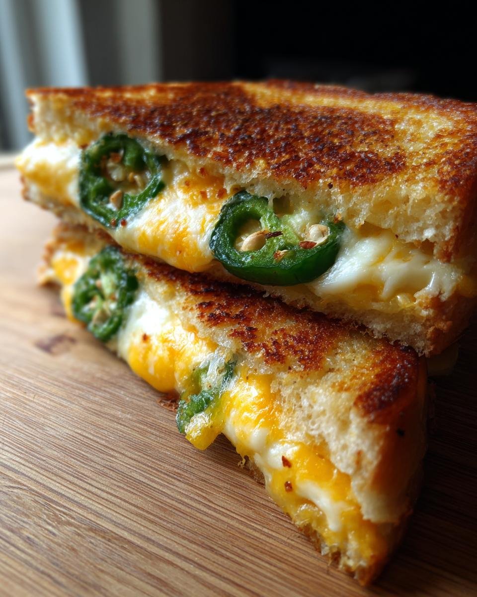 Close-up of a Jalapeno Popper Grilled Cheese sandwich cut in half, showing melted cheese and bright green jalapeno slices.