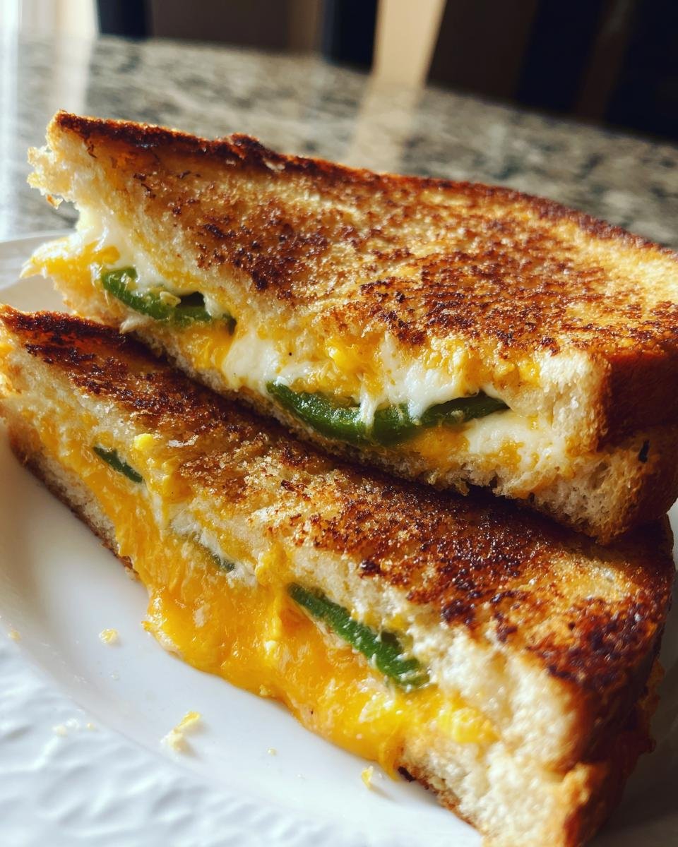 Two halves of a perfectly grilled Jalapeno Popper Grilled Cheese sandwich showing melted cheese and green jalapeno slices.