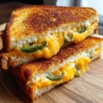 Close-up of a Jalapeno Popper Grilled Cheese sandwich cut in half, showing melted orange cheese and green jalapeno slices.