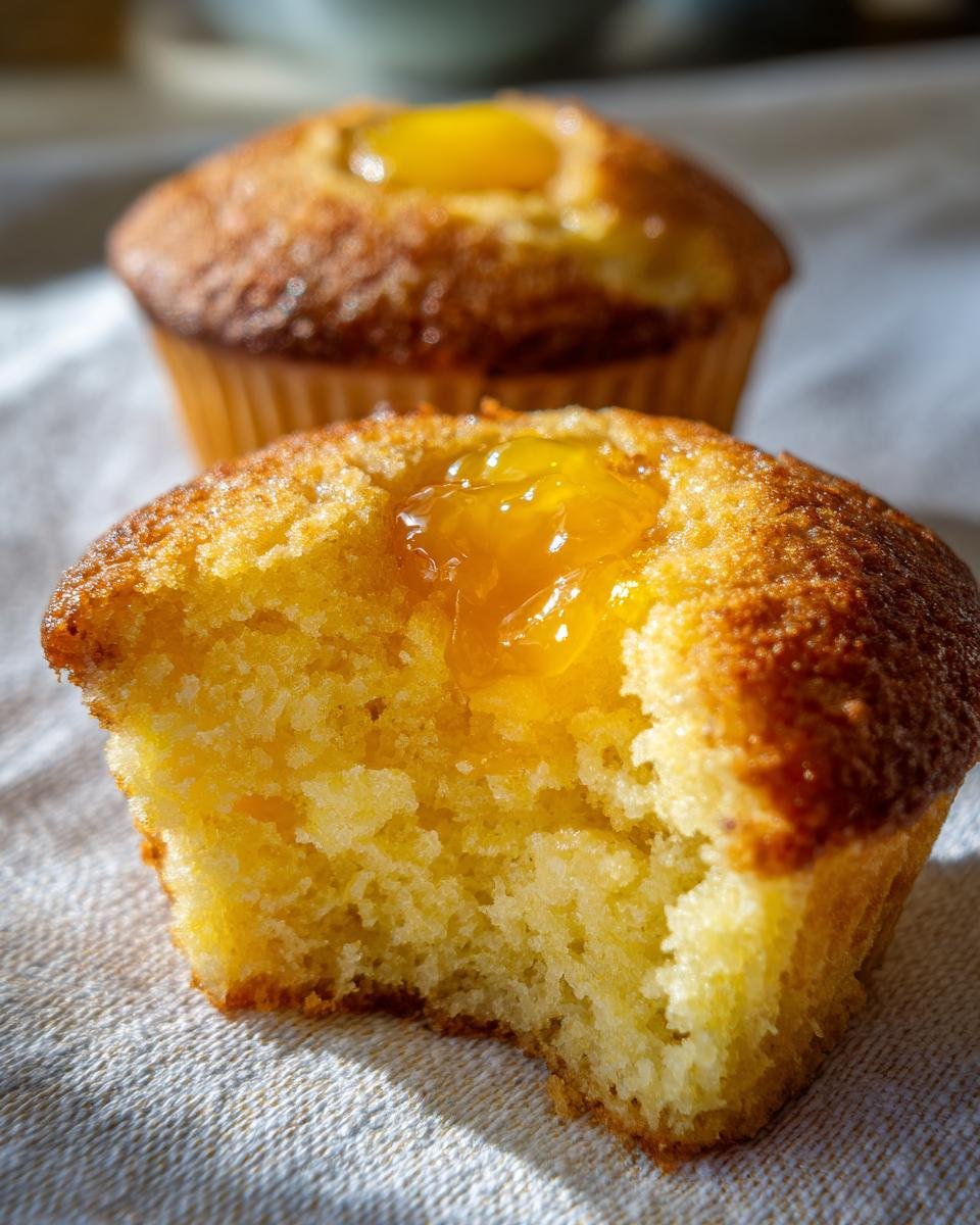A close-up of a Lemon Curd Muffins with a bite taken out, revealing the moist interior and bright yellow filling.