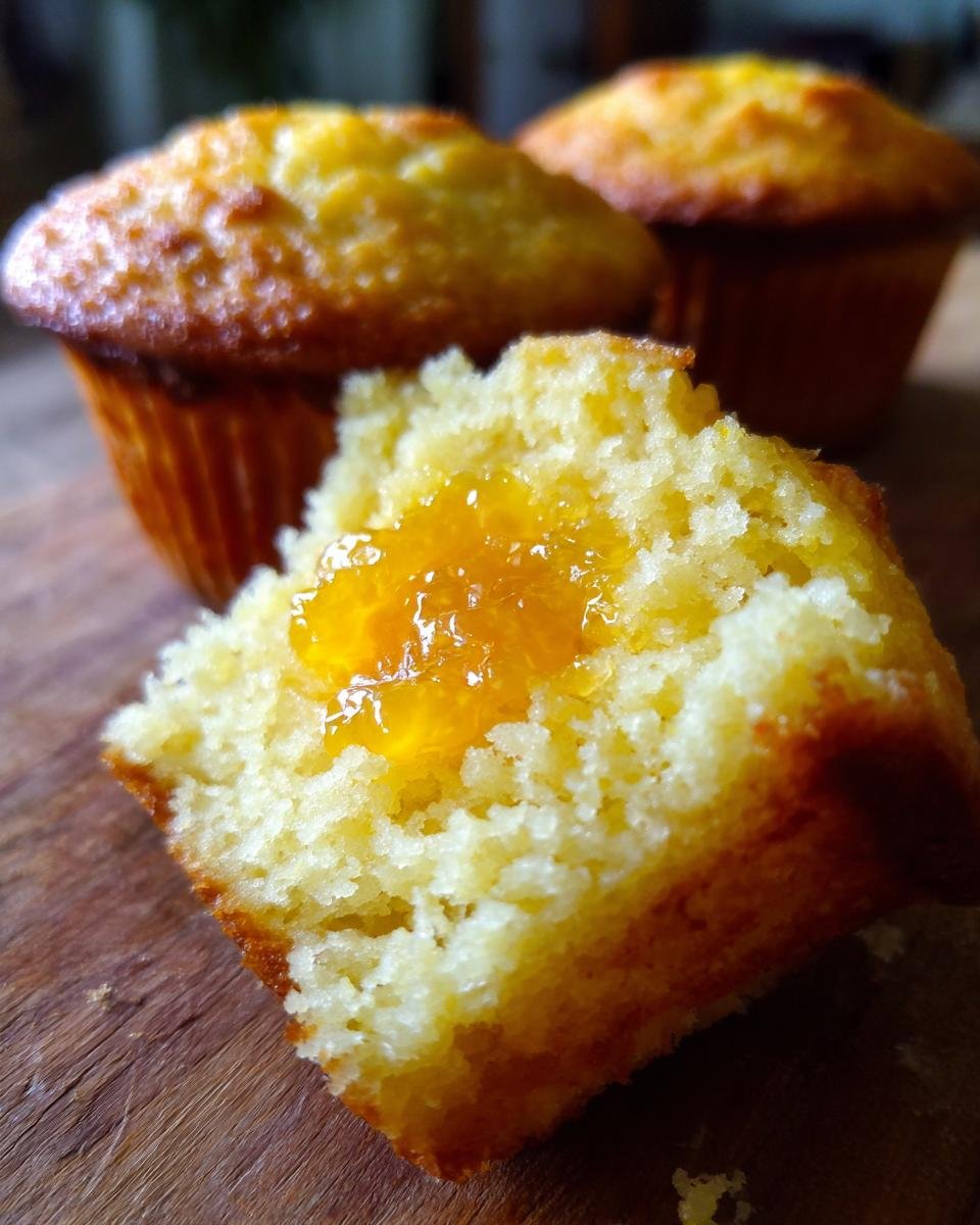 Close-up of a Lemon Curd Muffins half showing the bright yellow lemon curd filling inside the fluffy cake.