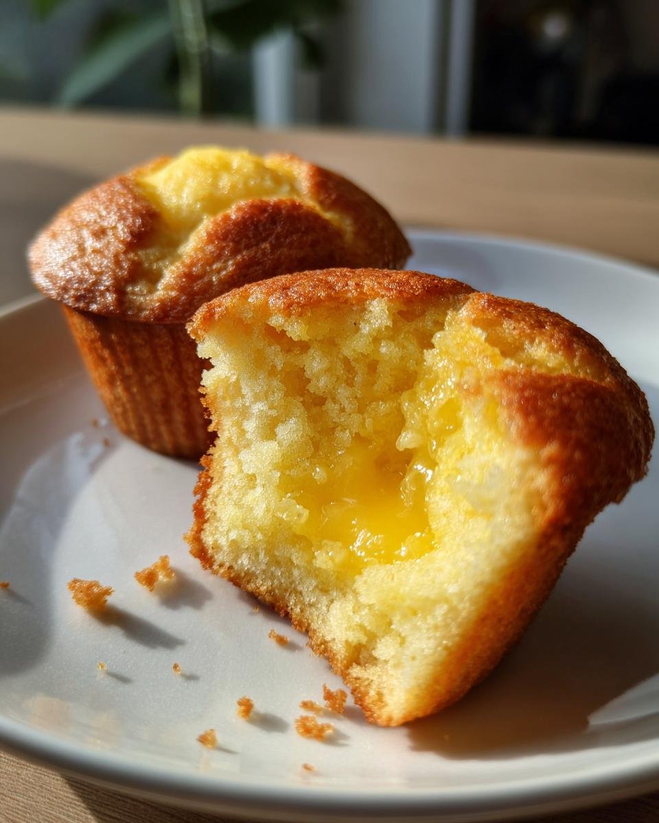 A halved Lemon Curd Muffins showing the bright yellow, gooey lemon curd center, resting on a white plate.