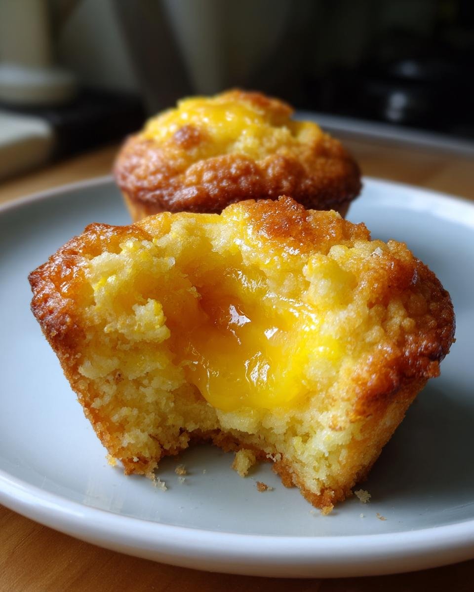 A close-up of a Lemon Curd Muffins, broken open to show the bright yellow, gooey lemon curd filling inside the moist cake.