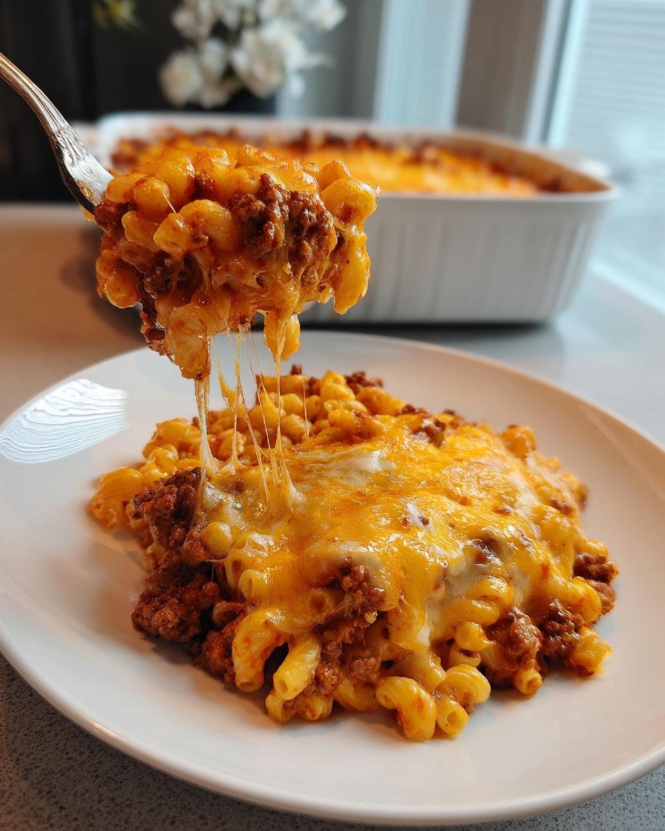 A fork lifts a cheesy, meaty serving of Macaroni Hamburger Casserole, showing long cheese pulls.