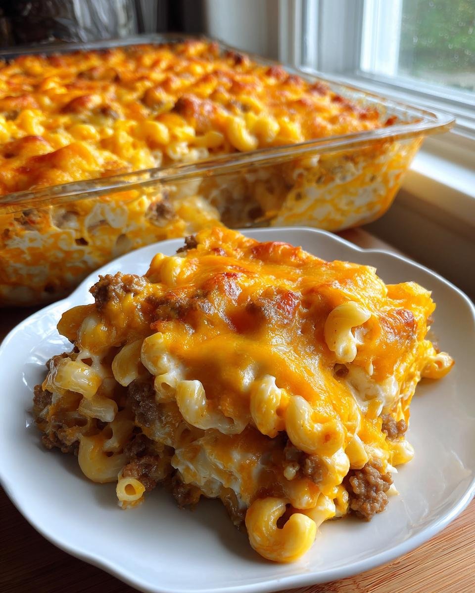 A generous serving of cheesy Macaroni Hamburger Casserole with a baked, melted cheddar topping.
