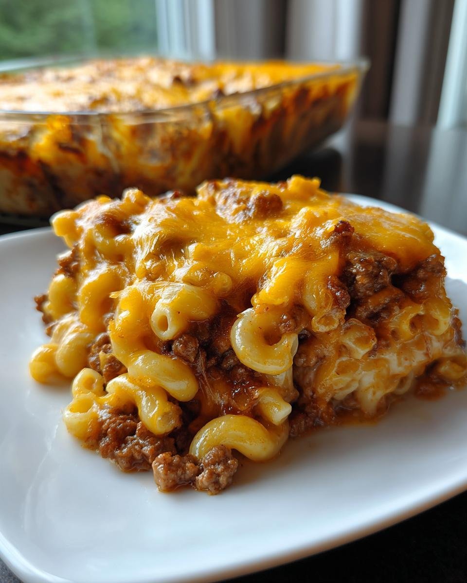 A close-up serving of Macaroni Hamburger casserole topped with melted cheddar cheese, with the baking dish blurred in the background.