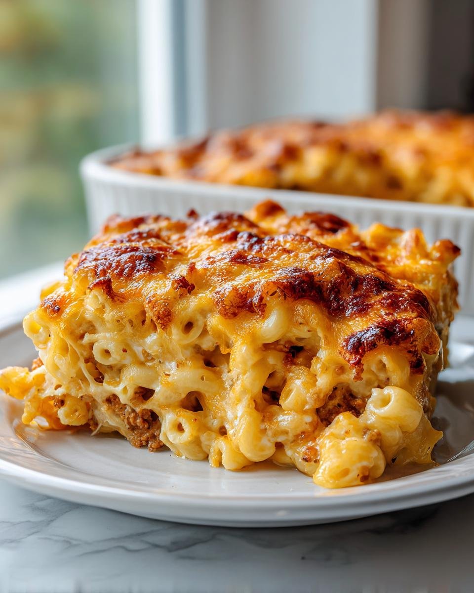 A generous slice of baked Macaroni Hamburger casserole with a deeply browned, cheesy top, served on a white plate.
