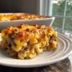 A close-up of a serving of Macaroni Hamburger Casserole with melted, browned cheese on top.