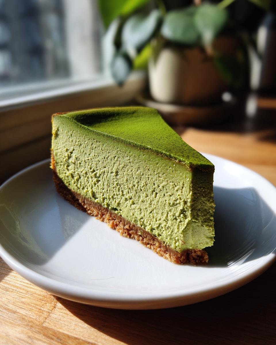 A perfect slice of vibrant green Matcha Cheesecake with a graham cracker crust, dusted with matcha powder.
