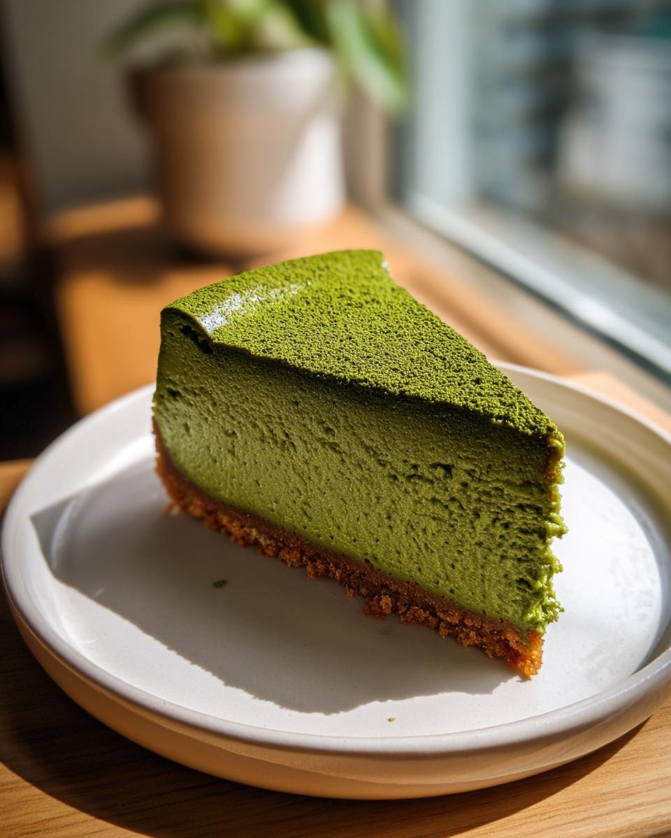 A perfect slice of vibrant green Matcha Cheesecake with a dark crust, dusted with matcha powder.