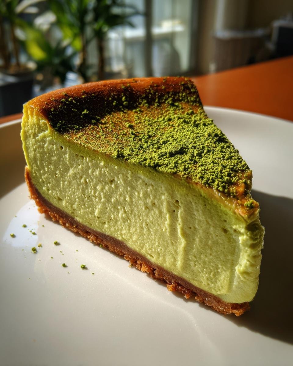 A close-up shot of a perfect slice of light green Matcha Cheesecake on a white plate, dusted with matcha powder.