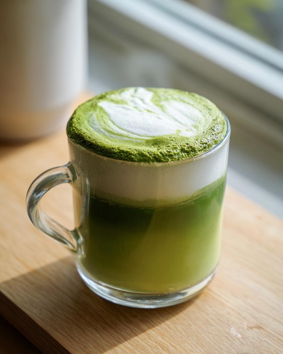 Close-up of a vibrant green Matcha Latte with thick white foam and latte art in a clear glass mug.