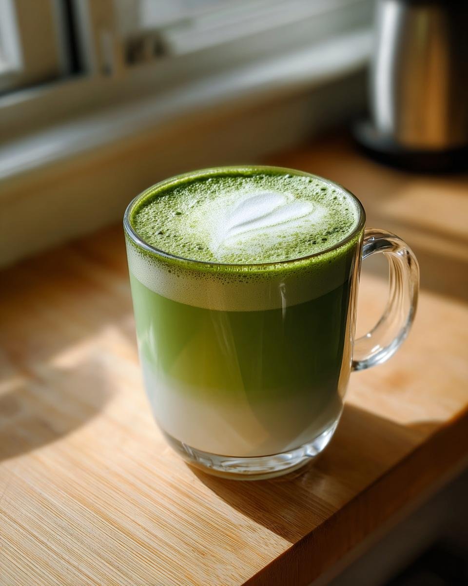 A clear glass mug filled with a layered Matcha Latte featuring vibrant green foam and white heart latte art.