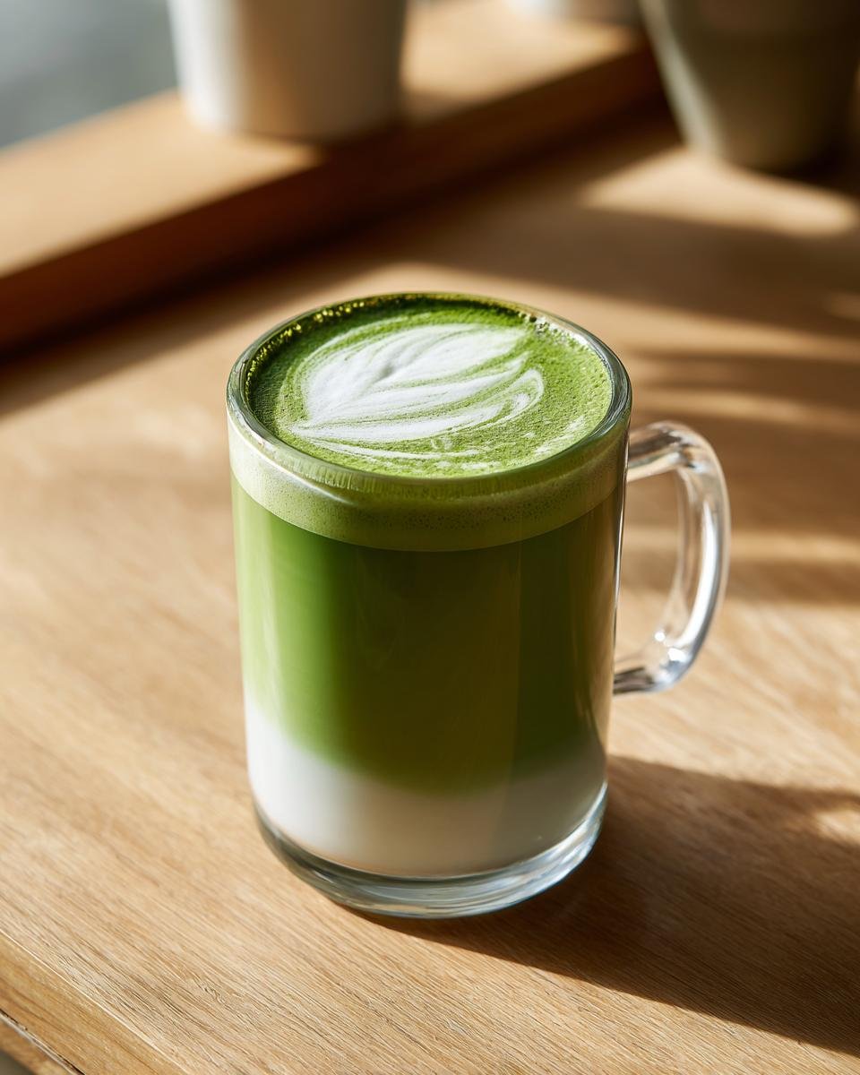A vibrant green Matcha Latte with white milk layer and latte art, served in a clear glass mug.