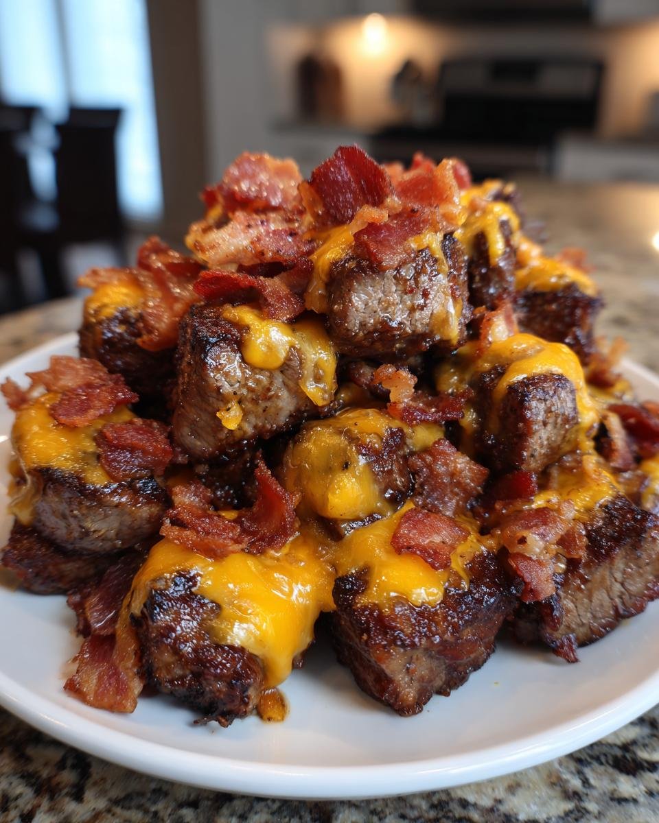 A mound of juicy Mississippi Steak Bites topped with melted cheddar cheese and crispy bacon pieces.