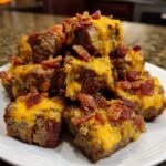 A pile of cooked Mississippi Steak Bites topped with melted cheddar cheese and crumbled bacon pieces.