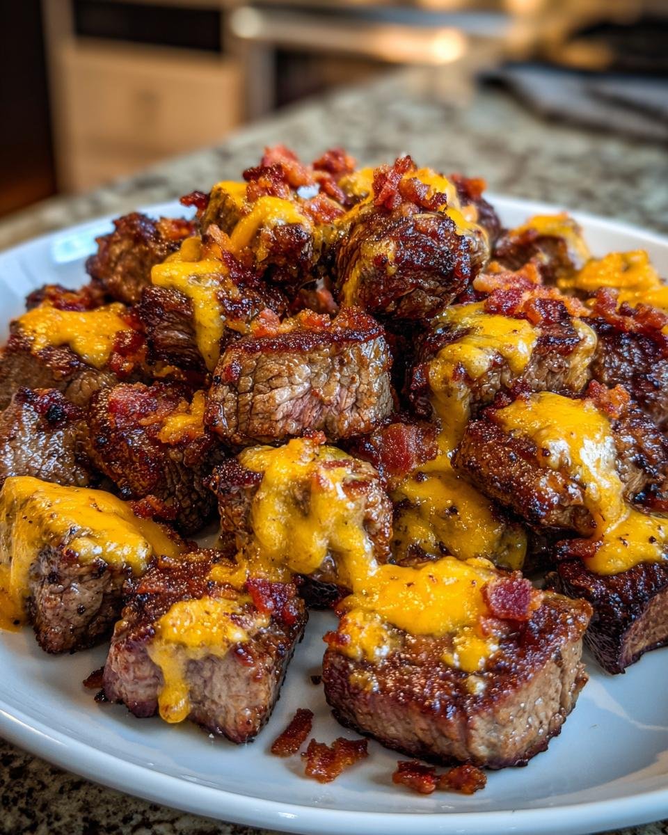 A pile of juicy Mississippi Steak Bites topped with melted cheddar cheese and crumbled bacon pieces.