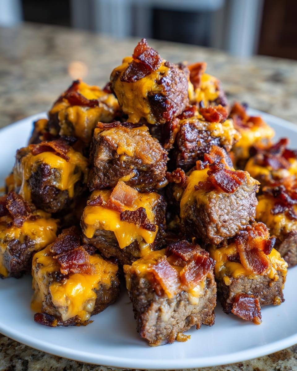 A mound of juicy Mississippi Steak Bites topped with melted cheddar cheese and crispy bacon pieces served on a white plate.