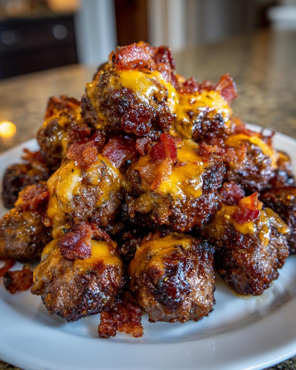 A close-up of a pile of juicy Mississippi Steak Bites topped with melted cheddar cheese and crispy bacon pieces.