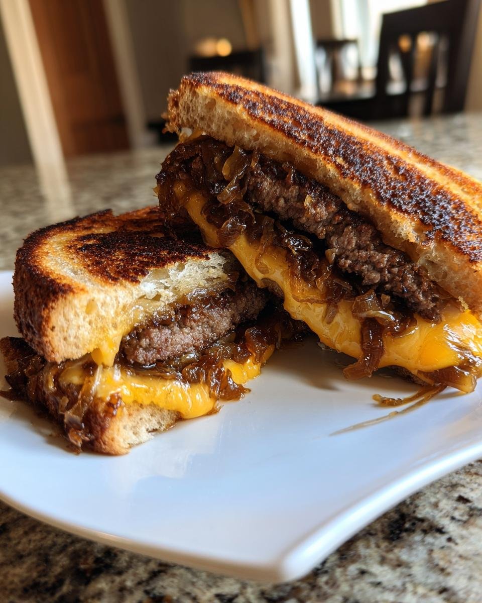 Close-up of a delicious Patty Melts sandwich cut in half, showing melted cheese, beef patty, and caramelized onions.