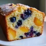 A close-up, cross-section view of a moist Peach Blueberry Cake slice dusted with powdered sugar.
