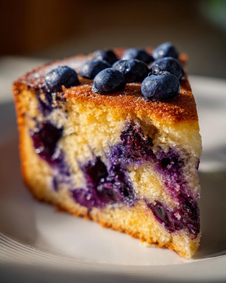 Close-up of a moist slice of Peach Blueberry Cake, studded with purple blueberries and topped with fresh berries.