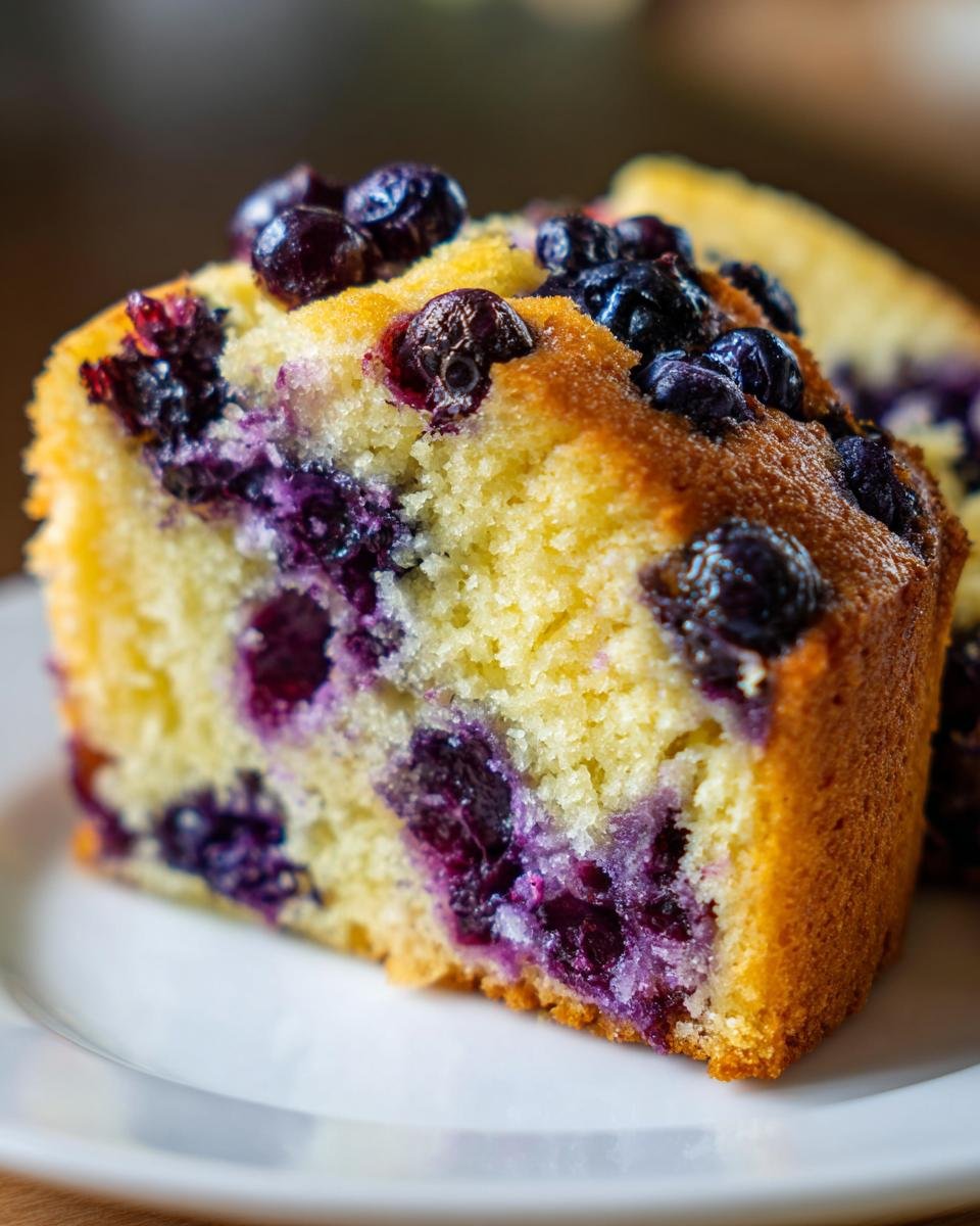 Close-up of a moist slice of Peach Blueberry Cake showing bright yellow crumb and burst blueberries.
