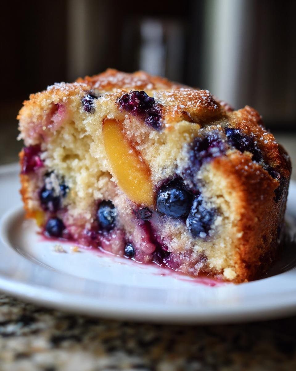 Close-up of a moist slice of Peach Blueberry Cake featuring visible blueberries and peach slices, dusted with powdered sugar.