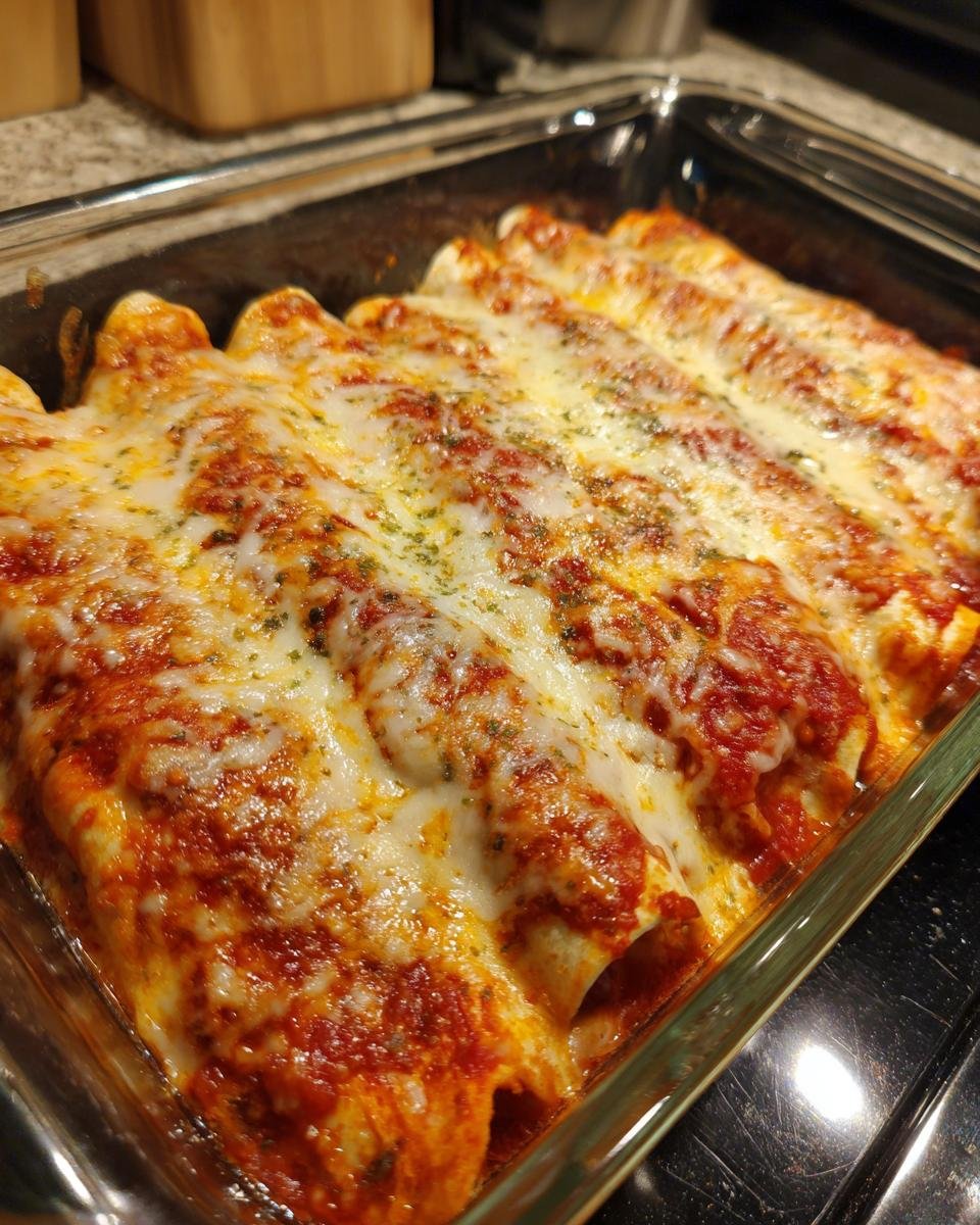 Close-up of hot Pizza Enchiladas baked in a glass dish, covered in marinara sauce and melted mozzarella cheese.