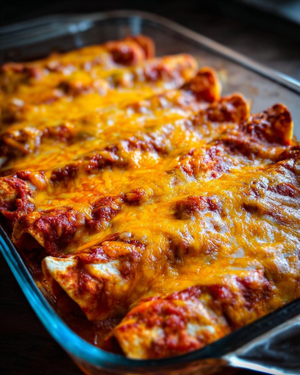 Close-up of baked Pizza Enchiladas covered in rich red sauce and melted cheddar cheese in a glass baking dish.