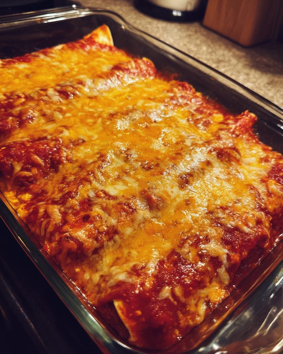 Close-up of baked Pizza Enchiladas covered in rich red sauce and melted cheddar and mozzarella cheese in a glass dish.