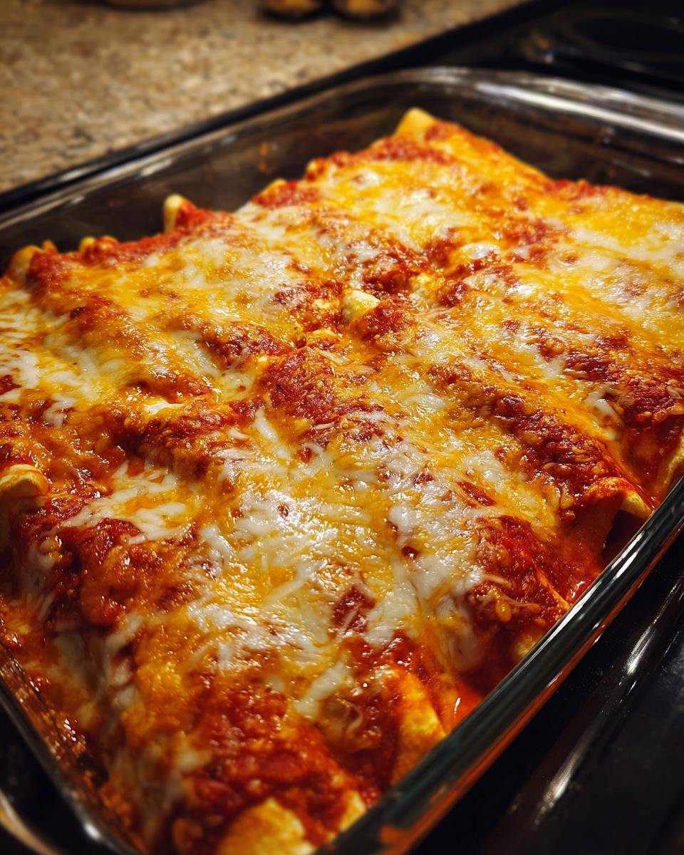 Close-up of freshly baked Pizza Enchiladas covered in melted mozzarella and marinara sauce in a glass baking dish.