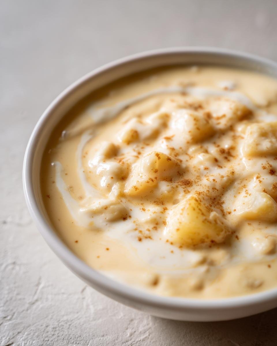 Close-up of a bowl of thick Potato Cheese Soup with chunks of potato, swirled cream, and a dusting of spice.