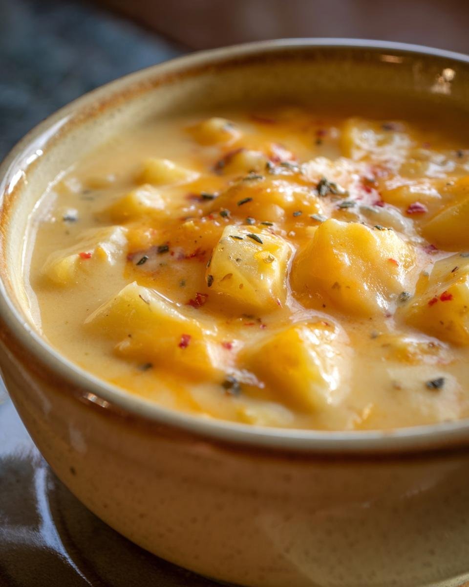 Close-up of a rustic bowl filled with thick, creamy Potato Cheese Soup, topped with melted cheese and herbs.