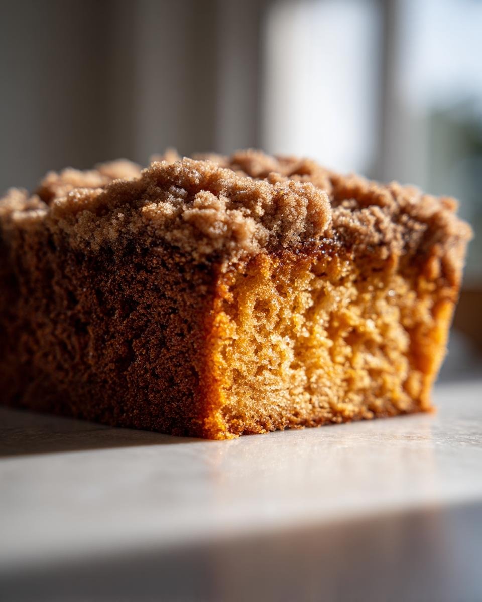 A close-up, dramatic shot of a slice of moist Pumpkin Coffee Cake featuring a thick, sugary cinnamon crumb topping.