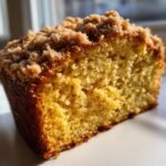 A close-up, sunlit slice of moist Pumpkin Coffee Cake showing a rich, golden crumb and thick cinnamon streusel topping.