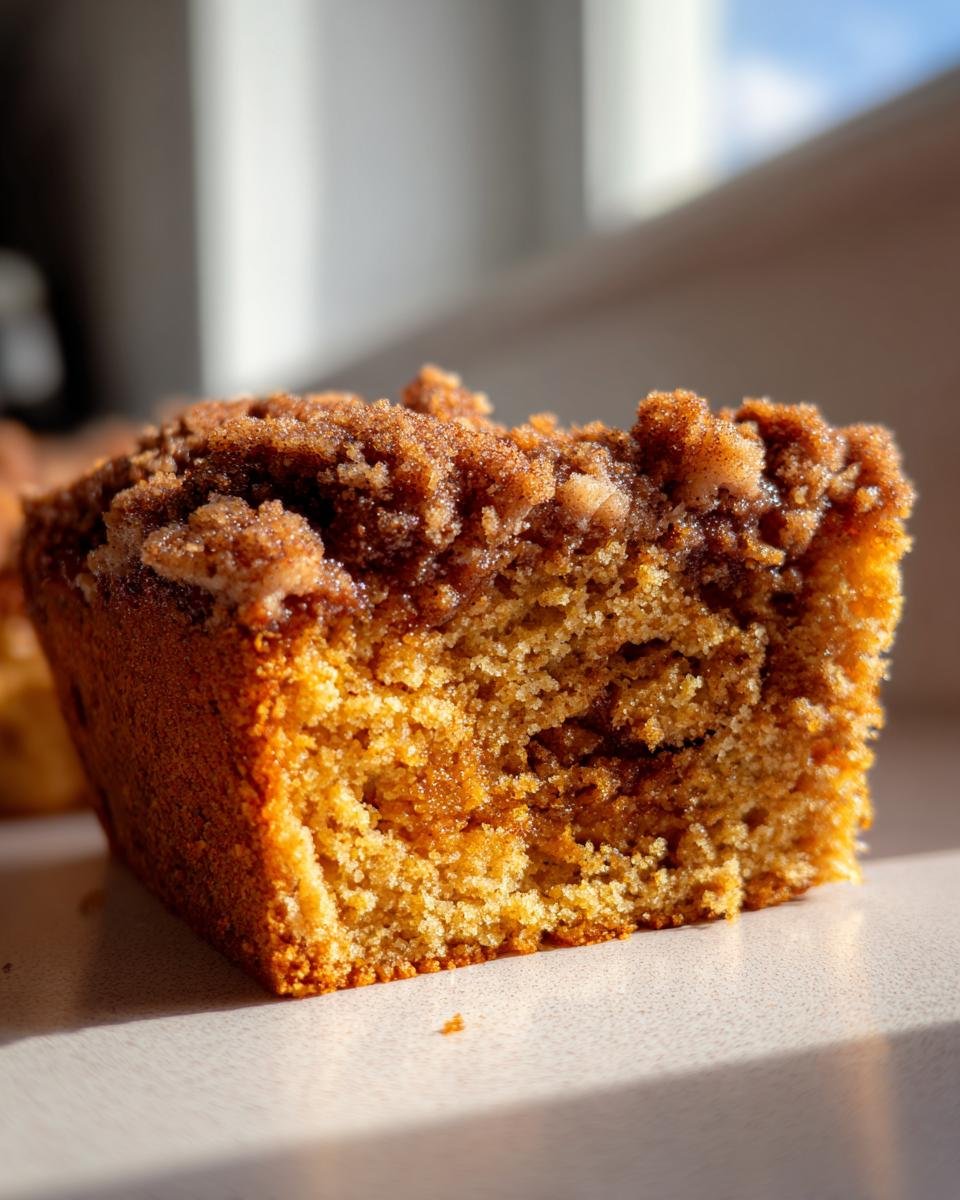 Close-up cross-section of a moist slice of Pumpkin Coffee Cake featuring a thick, crumbly cinnamon streusel topping.
