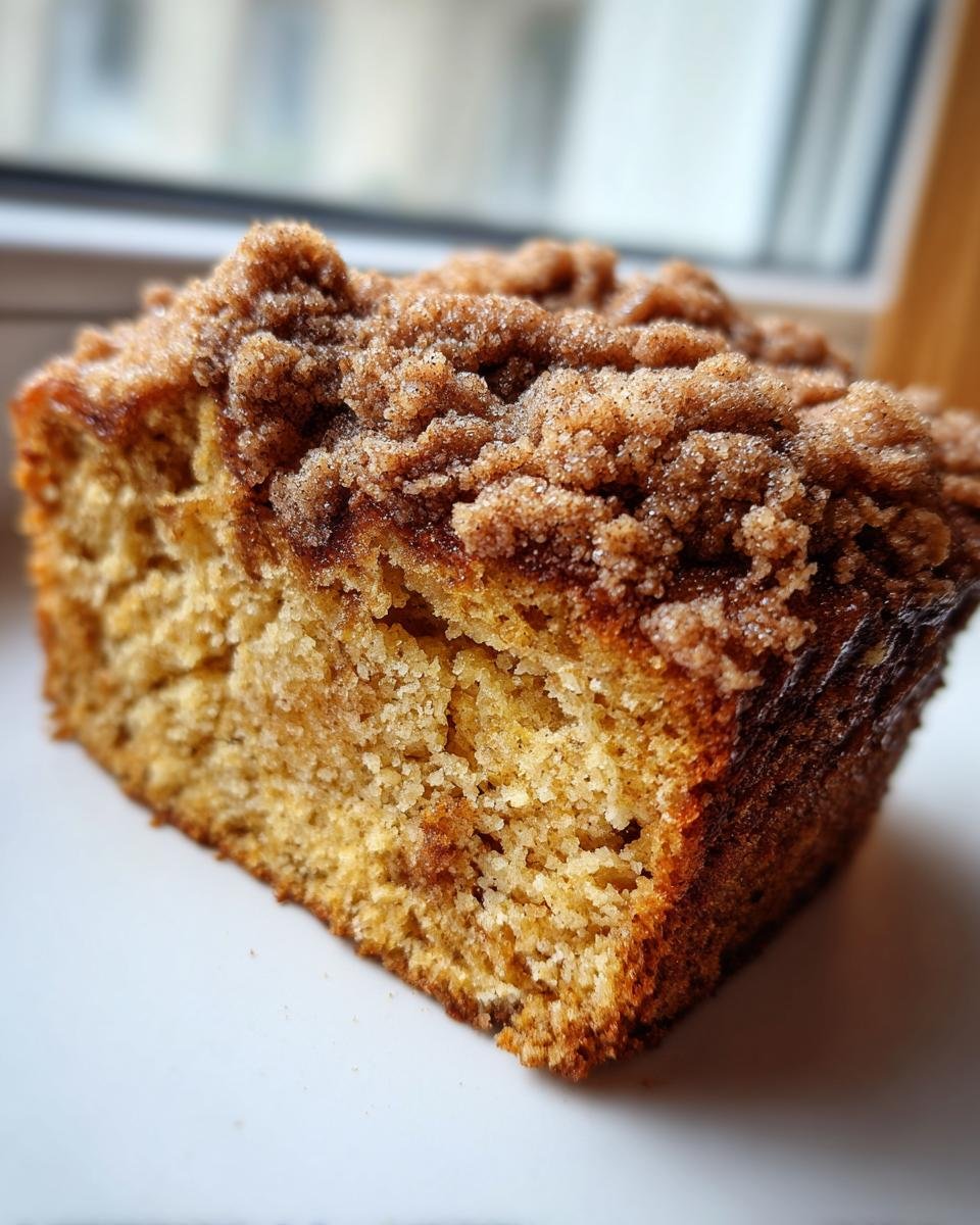 Close-up of a moist slice of Pumpkin Coffee Cake showing the crumb texture and thick cinnamon streusel topping.