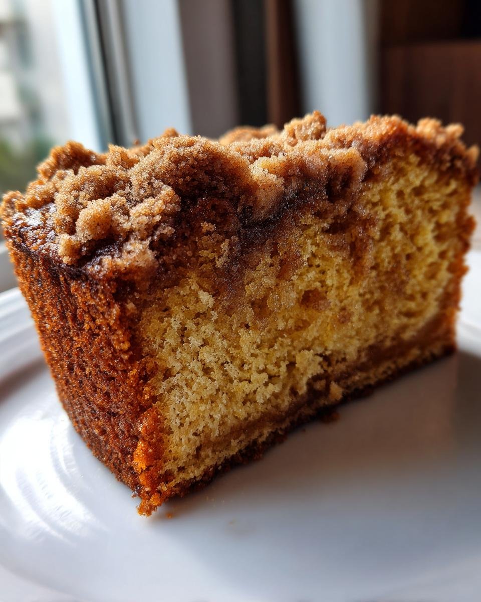 Close-up of a moist slice of Pumpkin Coffee Cake featuring a thick, sugary cinnamon streusel topping.