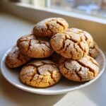 A stack of freshly baked Reeses Crinkle Cookies, dusted heavily with sugar and showing deep cracks.