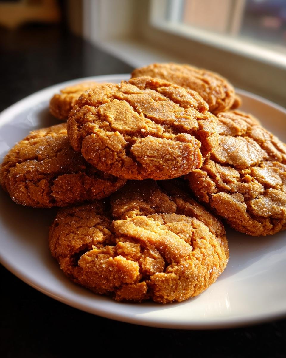 A stack of freshly baked Reeses Crinkle Cookies with a sugary, cracked surface piled on a white plate.