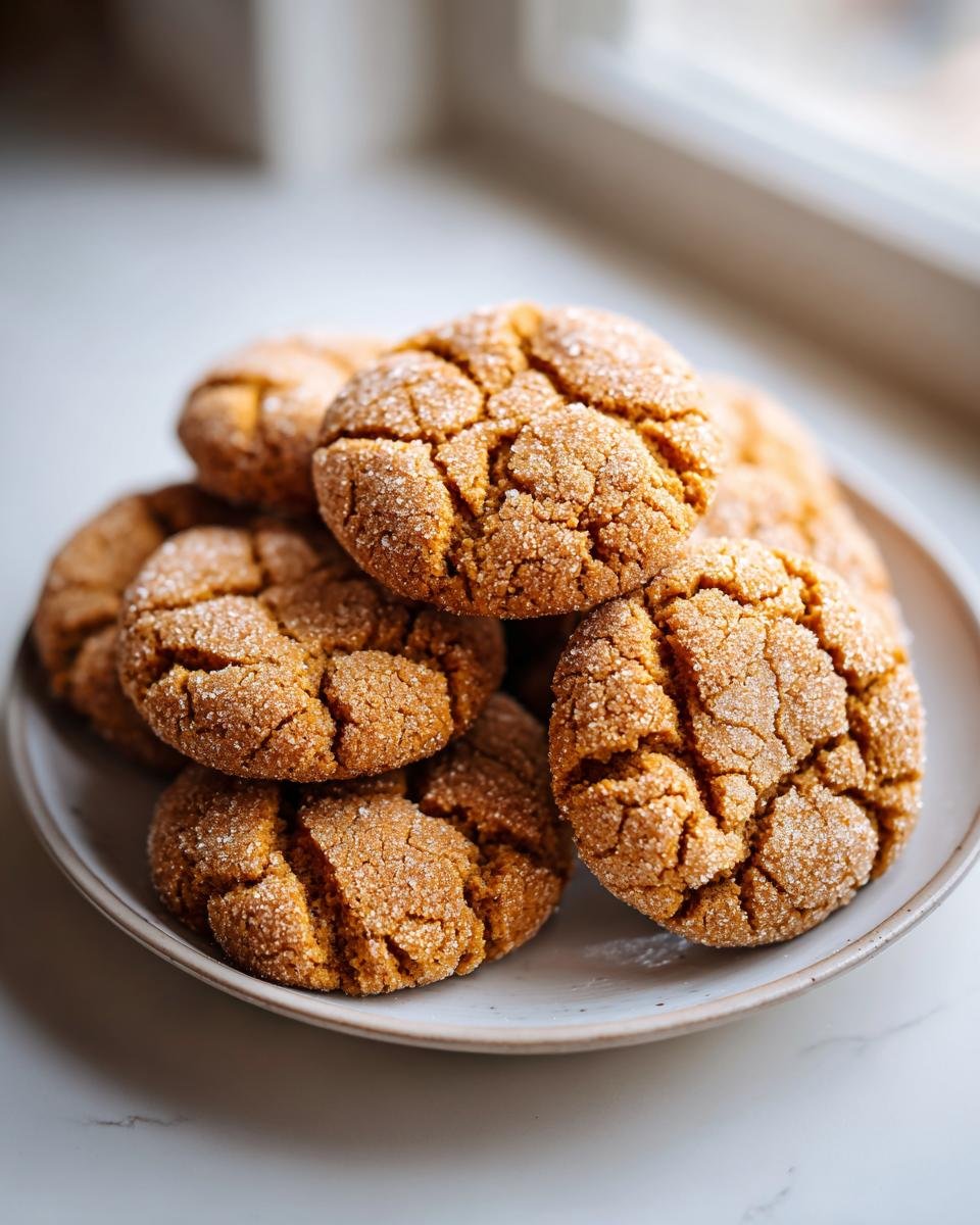 A stack of golden brown Reeses Crinkle Cookies coated in sugar, showing deep cracks on the surface.