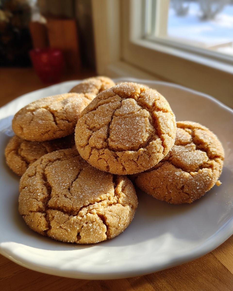 A stack of freshly baked Reeses Crinkle Cookies, coated in sugar and showing deep cracks, resting on a white plate.