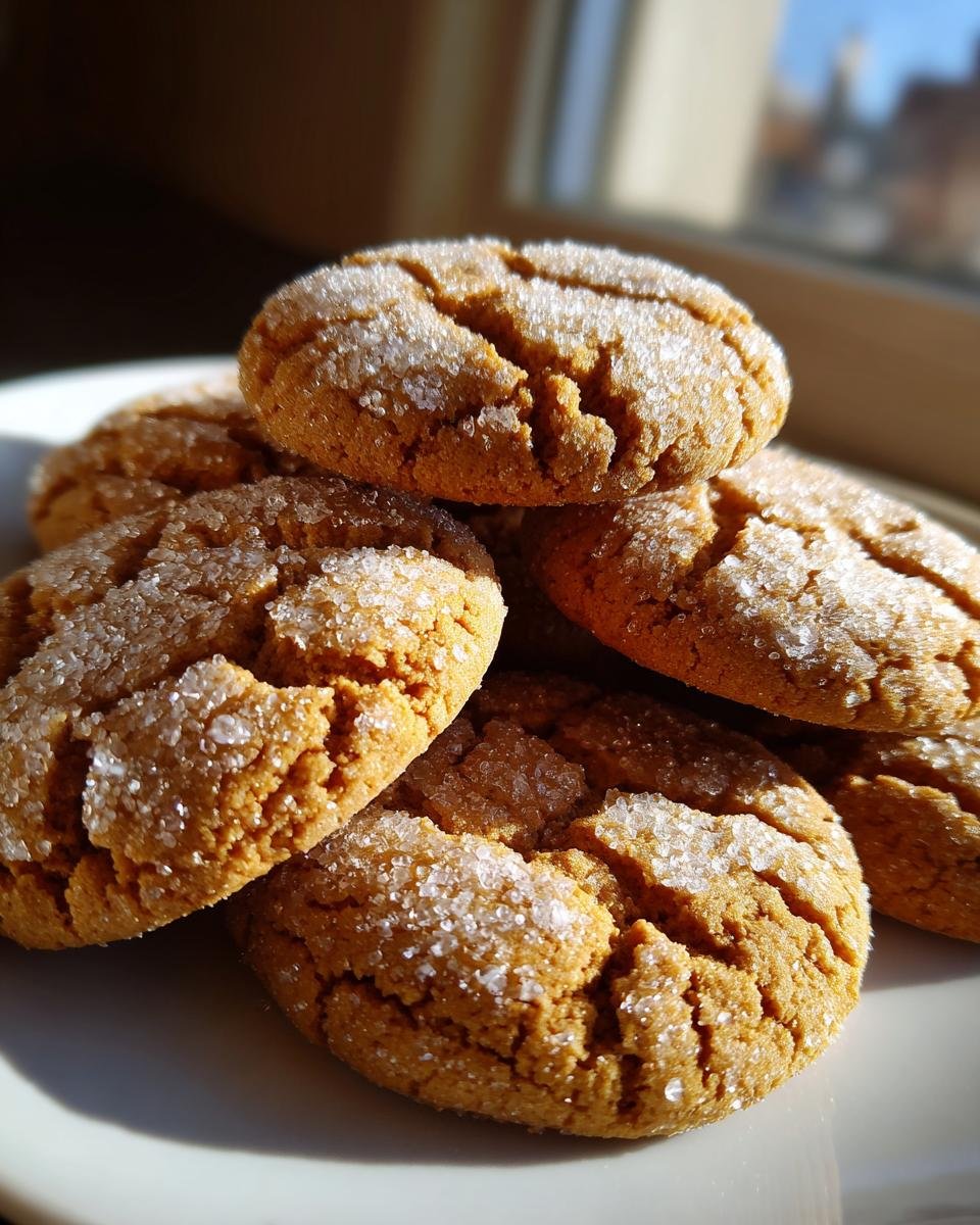 A close-up stack of golden brown Reeses Crinkle Cookies generously coated in sparkling granulated sugar.