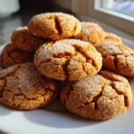 A stack of freshly baked Reeses Crinkle Cookies, coated in granulated sugar, resting on a white plate near a window.