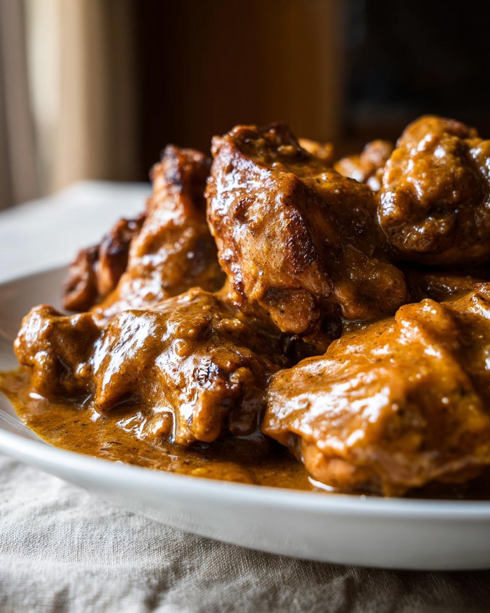 Close-up of tender pieces of Chicken And Gravy coated in a thick, savory brown sauce, served in a white bowl.