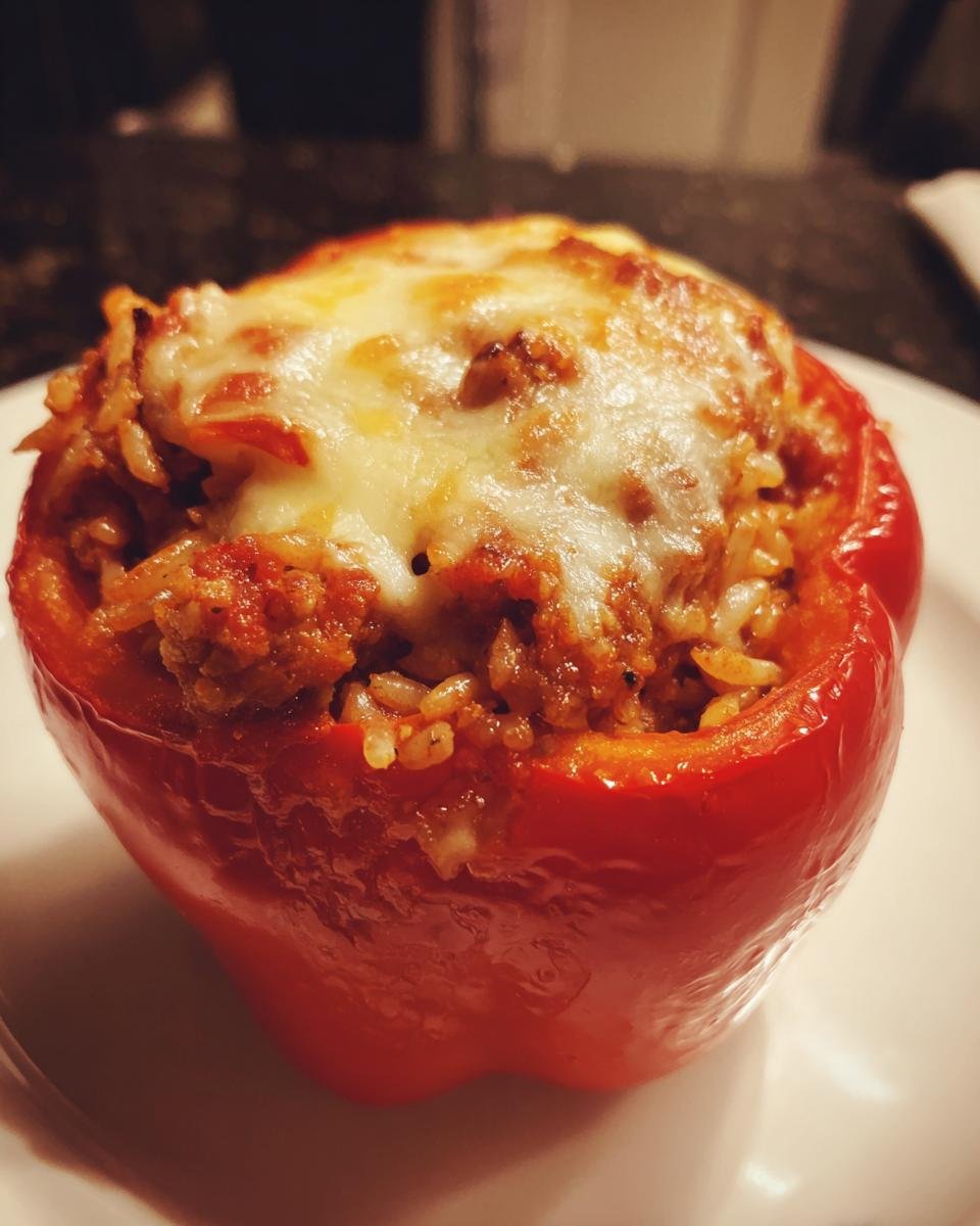 A close-up of a single, bright red Sausage Stuffed Peppers topped with melted, browned cheese.